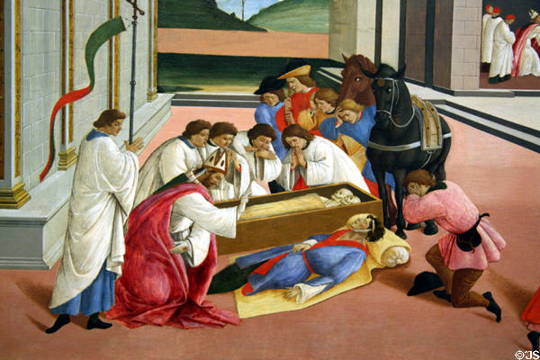 St Zenobius Resurrects a Man bearing relics of St Ambrose detail of Three Miracles painting (c1500-10) by Sandro Botticelli at Metropolitan Museum of Art. New York, NY.