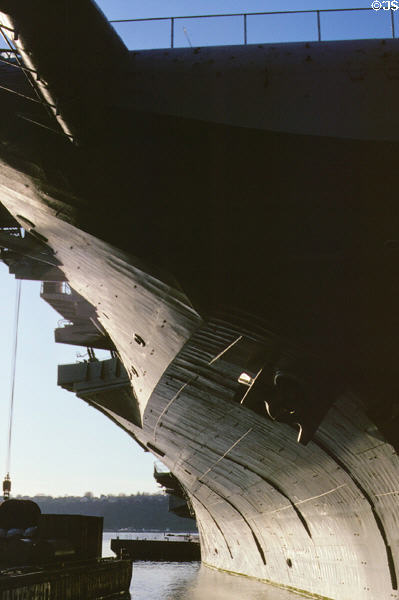 Bow of USS Intrepid aircraft carrier (1943) docked on Hudson River as Intrepid Sea-Air-Space Museum. New York, NY.