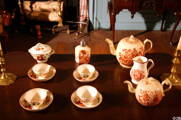 Collection of cream-colored English earthenware (18thC) in Benkard Memorial Bedroom at Museum of the City of New York. New York, NY.