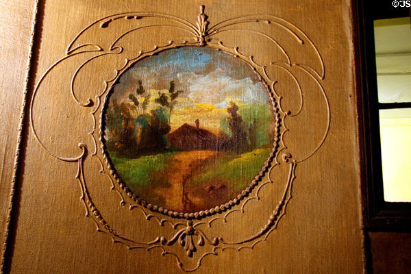 Country scene hand-painted on entrance hall wall covering at Tenement Museum. New York, NY.
