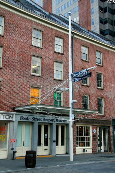 Flemish-bond brickwork of Schermerhorn Row with South Street Seaport Museum. New York, NY.