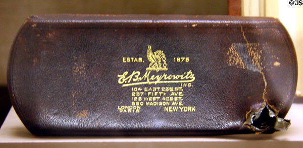 Roosevelt's glass case with bullet hole which with speech notes slowed assassin's bullet (Oct. 14, 1912) at Theodore Roosevelt Birthplace. New York, NY.