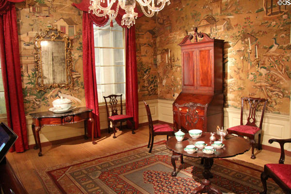 Powel period room (1765-6) from Philadelphia, PA with games table at Metropolitan Museum of Art. New York, NY.