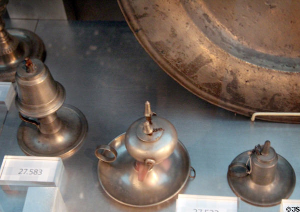 Collection of American whale-oil lamps at Brooklyn Museum. Brooklyn, NY.