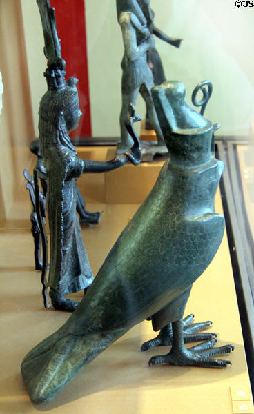 Collection of Egyptian god statues including Horus with double crown (c664-30 BCE) at Brooklyn Museum. Brooklyn, NY.