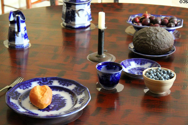 Davenport Amoy Flow Blue Ironstone China on Servants' dining table at Lindenwald. Kinderhook, NY.