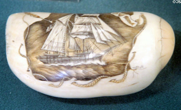 Scrimshaw whaling ship etched on tooth at Whaling Museum. Cold Spring Harbor, NY.