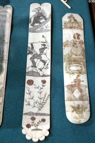 Scrimshawed whalebone busks used in corsets at Whaling Museum. Cold Spring Harbor, NY.