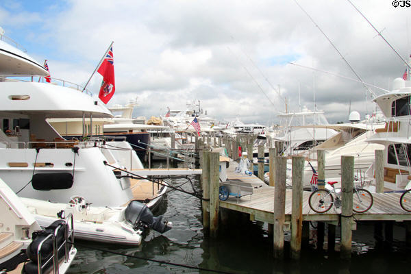 Boats moored along Long Wharf in Sag Harbor. Sag Harbor, NY.