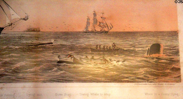 Detail of Whaling ships under sail & open whaleboats with crew graphic (1870) by Benjamin Russell at Sag Harbor Whaling Museum. Sag Harbor, NY.