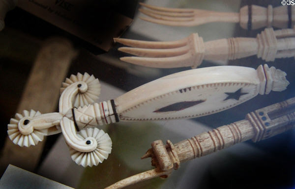 Carved scrimshaw pie crimper at Sag Harbor Whaling Museum. Sag Harbor, NY.