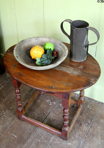Antique spool leg table with stretchers at Thomas Halsey Homestead. South Hampton, NY.