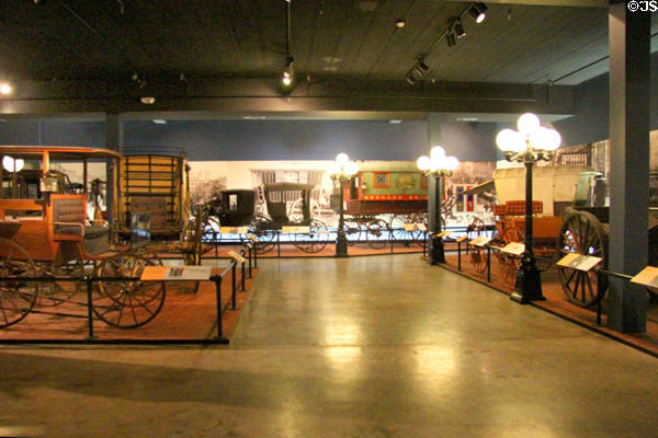 Commercial wagon room at carriage collection of Long Island Museum. Stony Brook, NY.