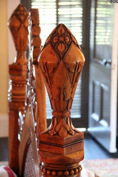 Detail of Daniel Pabst & Frank Furness bedstead in master bedroom at Roosevelt's House Sagamore Hill NHS. Cove Neck, NY.