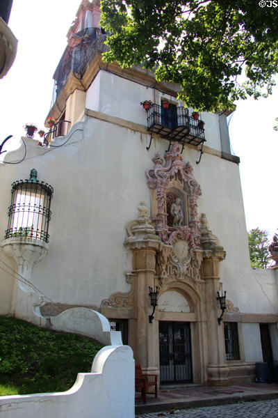 Side facade of clock & bell tower with portal carving which came from now demolished Vanderbilt New York City townhouse at Vanderbilt Mansion. Centerport, NY.
