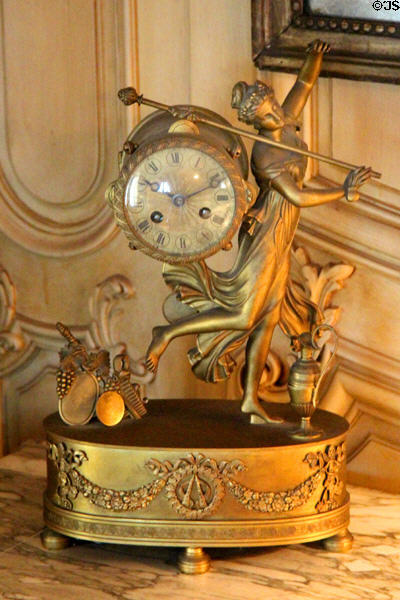 French mantle clock in yellow guest room at Vanderbilt Mansion. Centerport, NY.