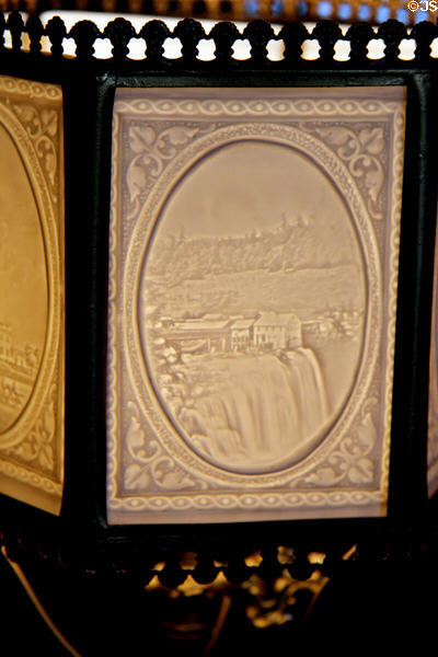 Gas lamp lithophane image of a mill on a waterfall at Taft House NHS. Cincinnati, OH.