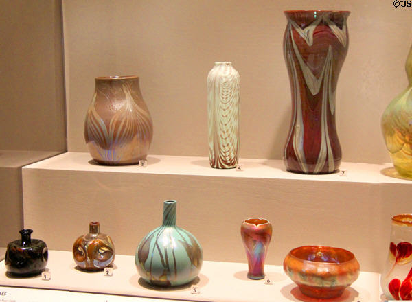 Collection of glass vases (1892-1902) by Louis Comfort Tiffany of Tiffany Glass & Decorating Co. at Cincinnati Art Museum. Cincinnati, OH.