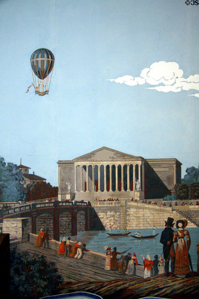 European wallpaper detail with hot air balloon at Wildwood Manor House. Toledo, OH.