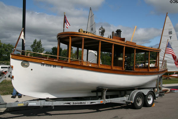 Antique small wooden Lady Gayle at Toledo Boat Show. Toledo, OH.