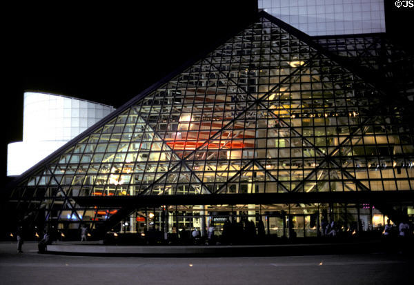 Rock & Roll Hall of Fame pyramid lit at night. Cleveland, OH.
