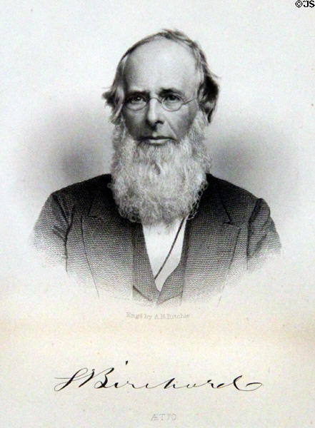 Sardis Birchard (age 70) uncle of R.B. Hayes & builder of Spiegel Grove house engraving by A.H. Ritchie at Hayes Presidential Home. Fremont, OH.