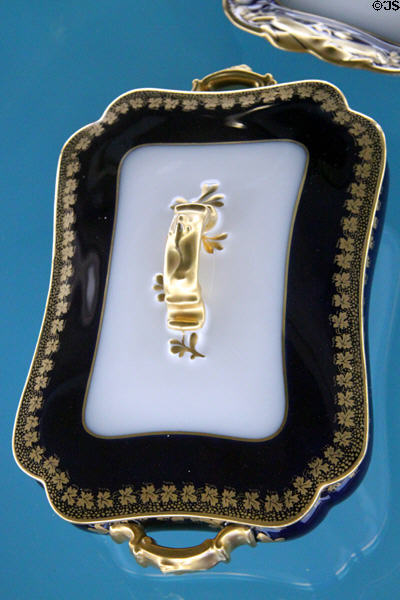 Covered serving dish with blue & gold decoration by Haviland used by Hayes family at Hayes Presidential Center. Fremont, OH.