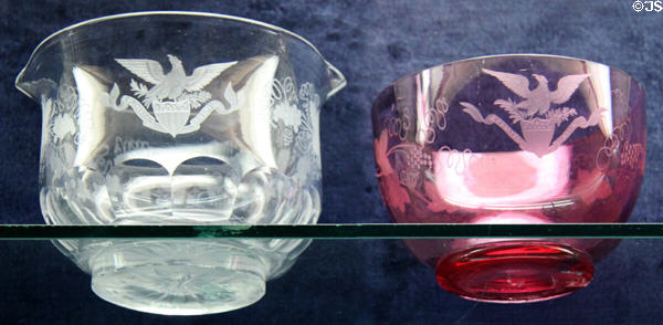 Presidential glass punch cups (1870s or prior) engraved with eagle & shield at Rutherford B. Hayes Presidential Center. Fremont, OH.