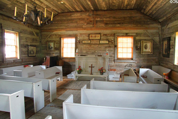 Interior of Detterman Log Church (1846) at Historic Lyme Village Museum. Bellevue, OH.