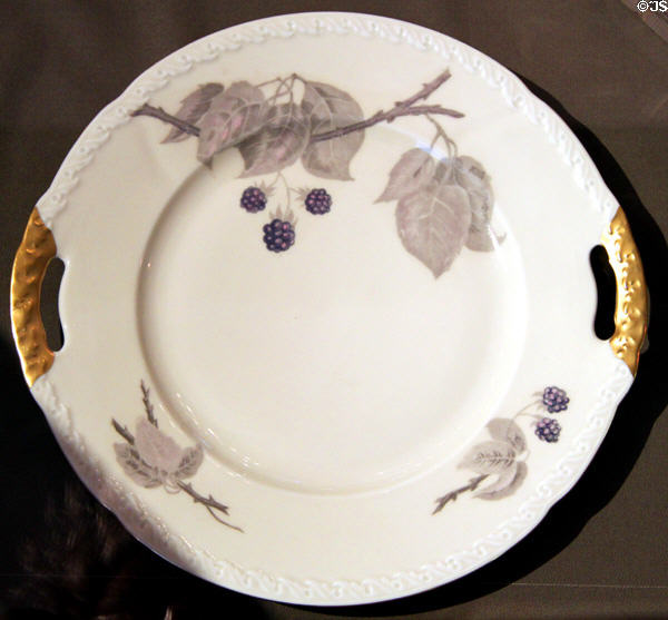 Porcelain plate with blackberry design by Moritz Zdekauer of Bohemia in Newton Arts Building at Milan Historical Museum. Milan, OH.