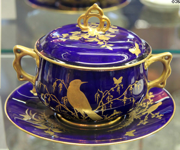 Covered caudle cup (1750s) by Minton of Stoke Staffordshire in Newton Arts Building at Milan Historical Museum. Milan, OH.
