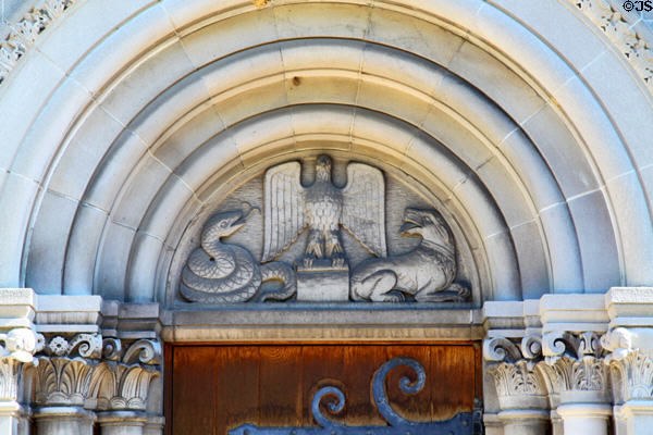 Romanesque portal with snake, eagle & lion of Bosworth Hall at Oberlin College. Oberlin, OH.