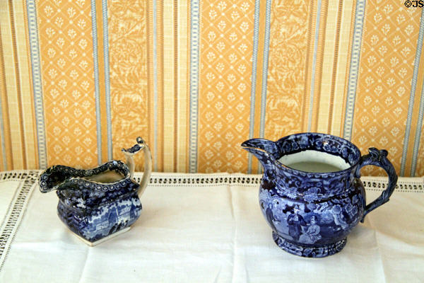 Blue transfer pitchers in dining room of Monroe House at Oberlin Heritage Center. Oberlin, OH.