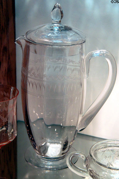 Covered pitcher with Needle Etchings at Tiffin Glass Museum. Tiffin, OH.
