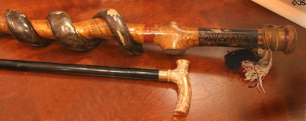 American folk art cane created by Easton W. Foster & presented to Mrs. McKinley & ebony cane engraved in honor of second McKinley Presidential campaign at William McKinley Presidential Museum & Library. Canton, OH.
