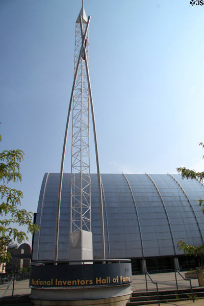 Decorative tower outside former National Inventors Hall of Fame. Akron, OH.