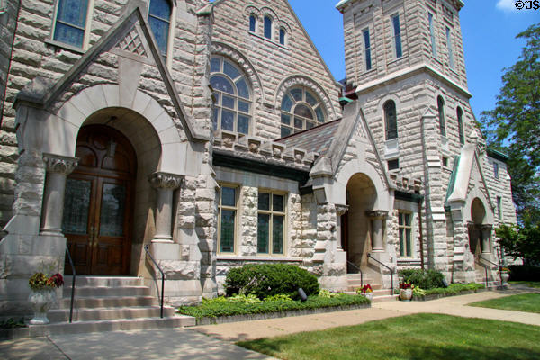 Richardsonian Romanesque facade of First Congregational Church. Akron, OH.