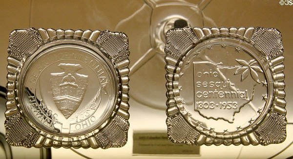 Ohio Sesquicentennial pressed plates (1952-3) at National Heisey Glass Museum. Newark, OH.