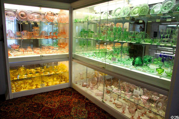 Variety of Heisey colored glass products at National Heisey Glass Museum. Newark, OH.