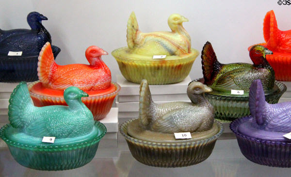 Degenhart glass turkey candy dishes at Degenhart Paperweight & Glass Museum. Cambridge, OH.