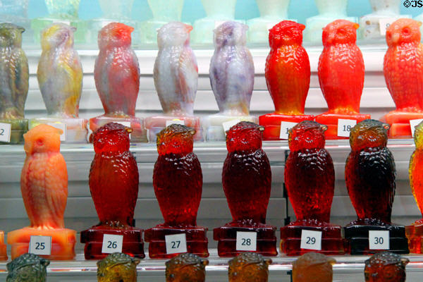 Degenhart glass owls at Degenhart Paperweight & Glass Museum. Cambridge, OH.