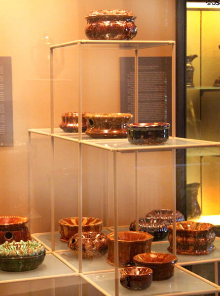 East Liverpool produced Rockingham spittoons at Museum of Ceramics. East Liverpool, OH.