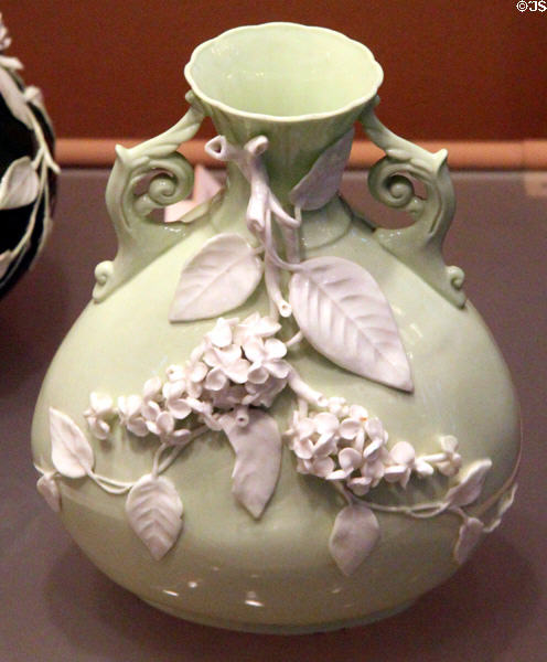 Light green Umbrian Vase with applied flowers at Museum of Ceramics. East Liverpool, OH.
