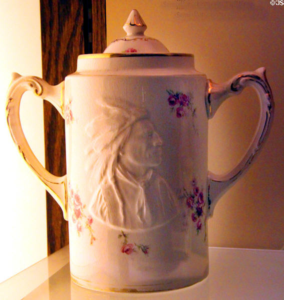 Semi-porcelain jar with embossed Indian (c1901-29) by Smith Phillips at Museum of Ceramics. East Liverpool, OH.