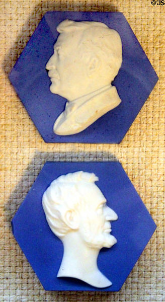 Bisque portraits of Teddy Roosevelt & Abraham Lincoln by Mosaic Tile Co. of Zanesville at Mathews House Museum. Zanesville, OH.