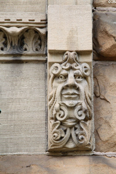 Carved stone detail of Lancaster City Hall. Lancaster, OH.