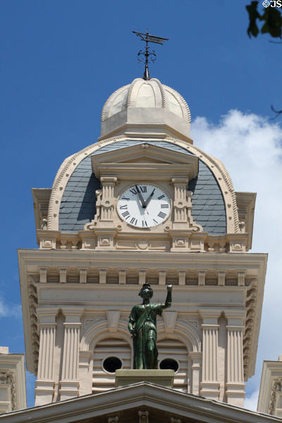 Lady Justice, clock tower & weathervane atop Shelby County Courthouse. Sidney, OH.