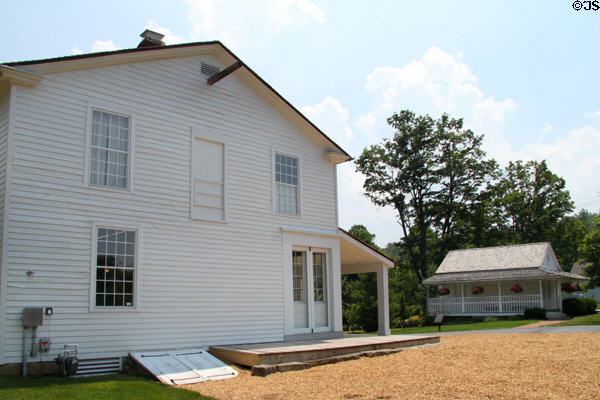Historic Kirtland Village scene with Newel K. Whitney Store & small house. Kirtland, OH.