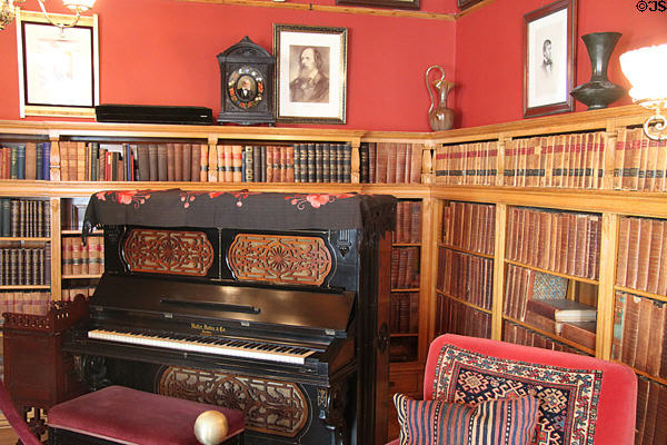 Piano & bookshelves in Garfield Presidential Library at Garfield home. Mentor, OH.