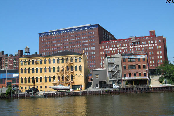 Converted lofts in Cleveland Warehouse District seen from The Flats. Cleveland, OH.